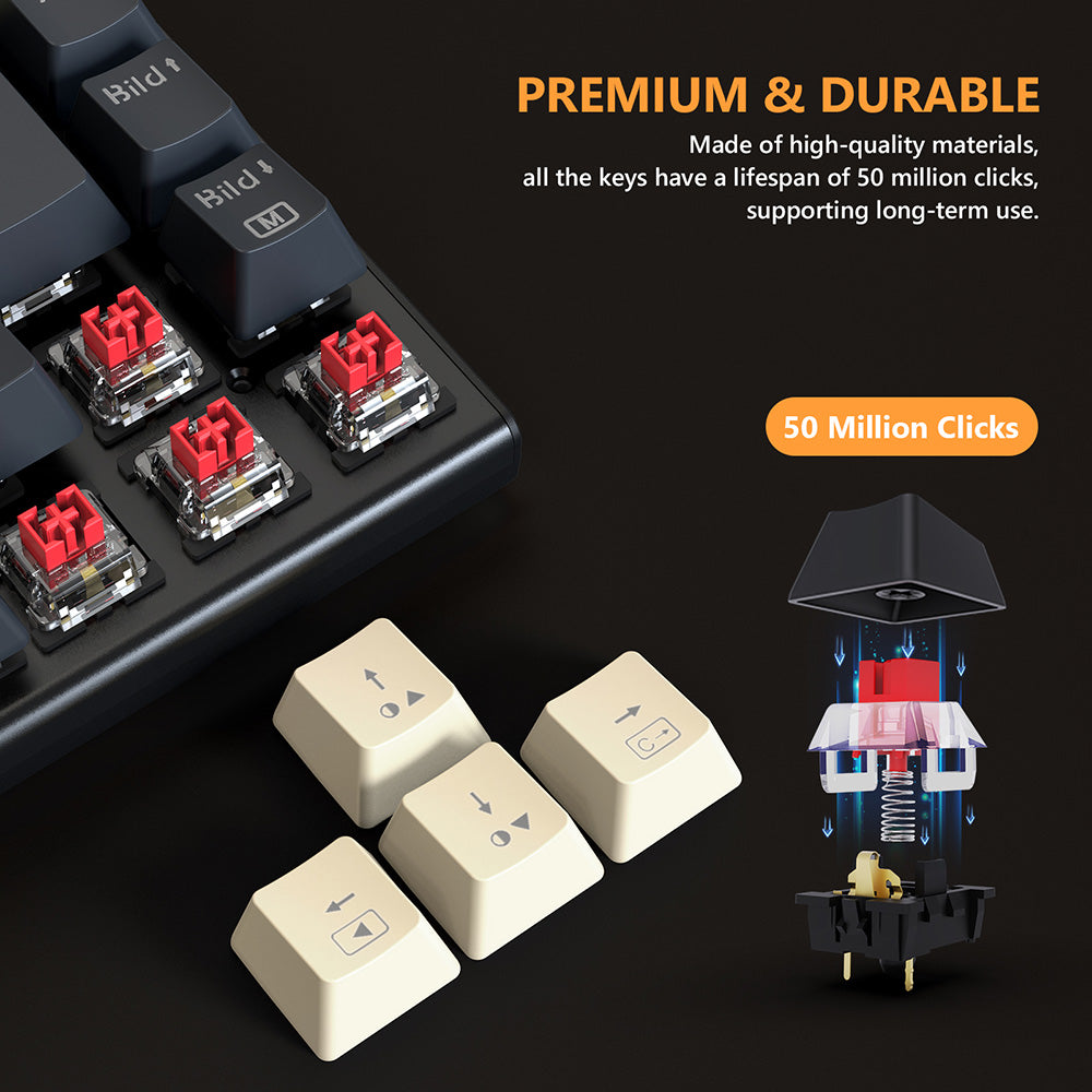 Herní mechanická klávesnice Redragon QWERTZ s německým rozložením kláves K633CGO-RGB Ryze, 68 kláves, červené spínače, RGB podsvícení, kovový panel, kabelové připojení USB-C, mechanické spínače vyměnitelné za provozu, programovatelné klávesy s barevnými PBT krytkami a 4 extra externími spínači.