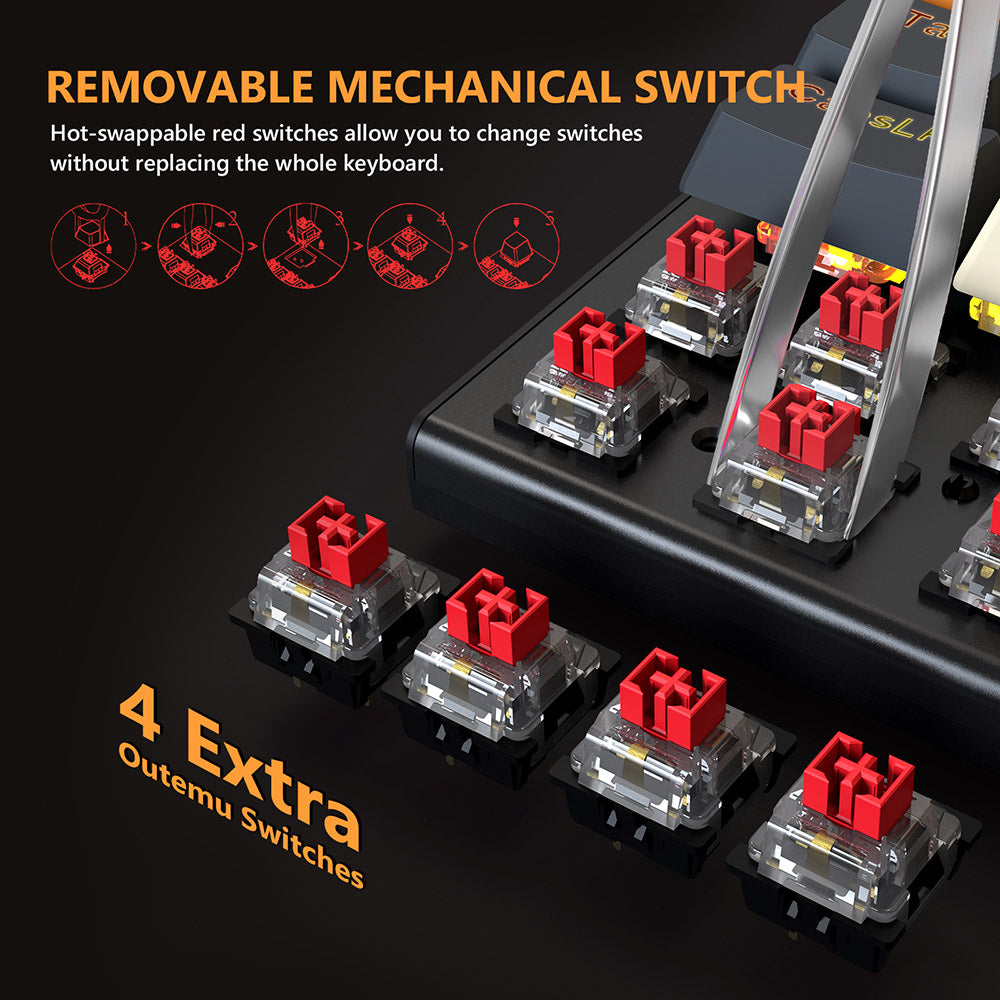 Herní mechanická klávesnice Redragon QWERTZ s německým rozložením kláves K633CGO-RGB Ryze, 68 kláves, červené spínače, RGB podsvícení, kovový panel, kabelové připojení USB-C, mechanické spínače vyměnitelné za provozu, programovatelné klávesy s barevnými PBT krytkami a 4 extra externími spínači.