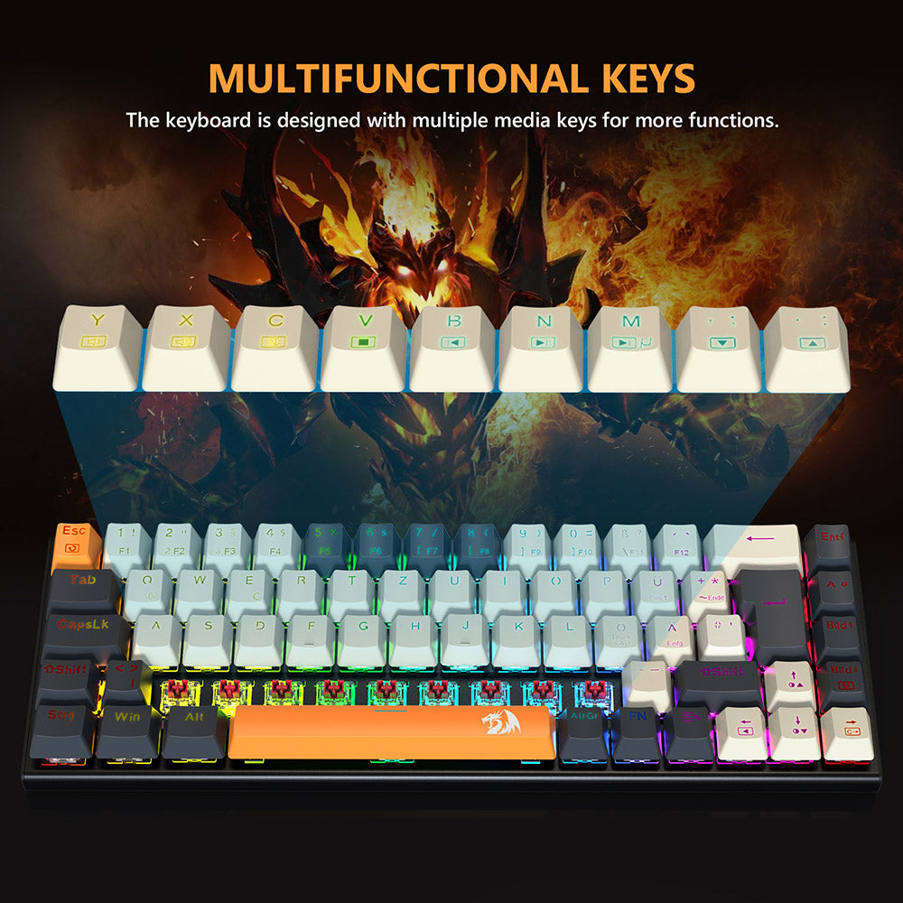 Herní mechanická klávesnice Redragon QWERTZ s německým rozložením kláves K633CGO-RGB Ryze, 68 kláves, červené spínače, RGB podsvícení, kovový panel, kabelové připojení USB-C, mechanické spínače vyměnitelné za provozu, programovatelné klávesy s barevnými PBT krytkami a 4 extra externími spínači.