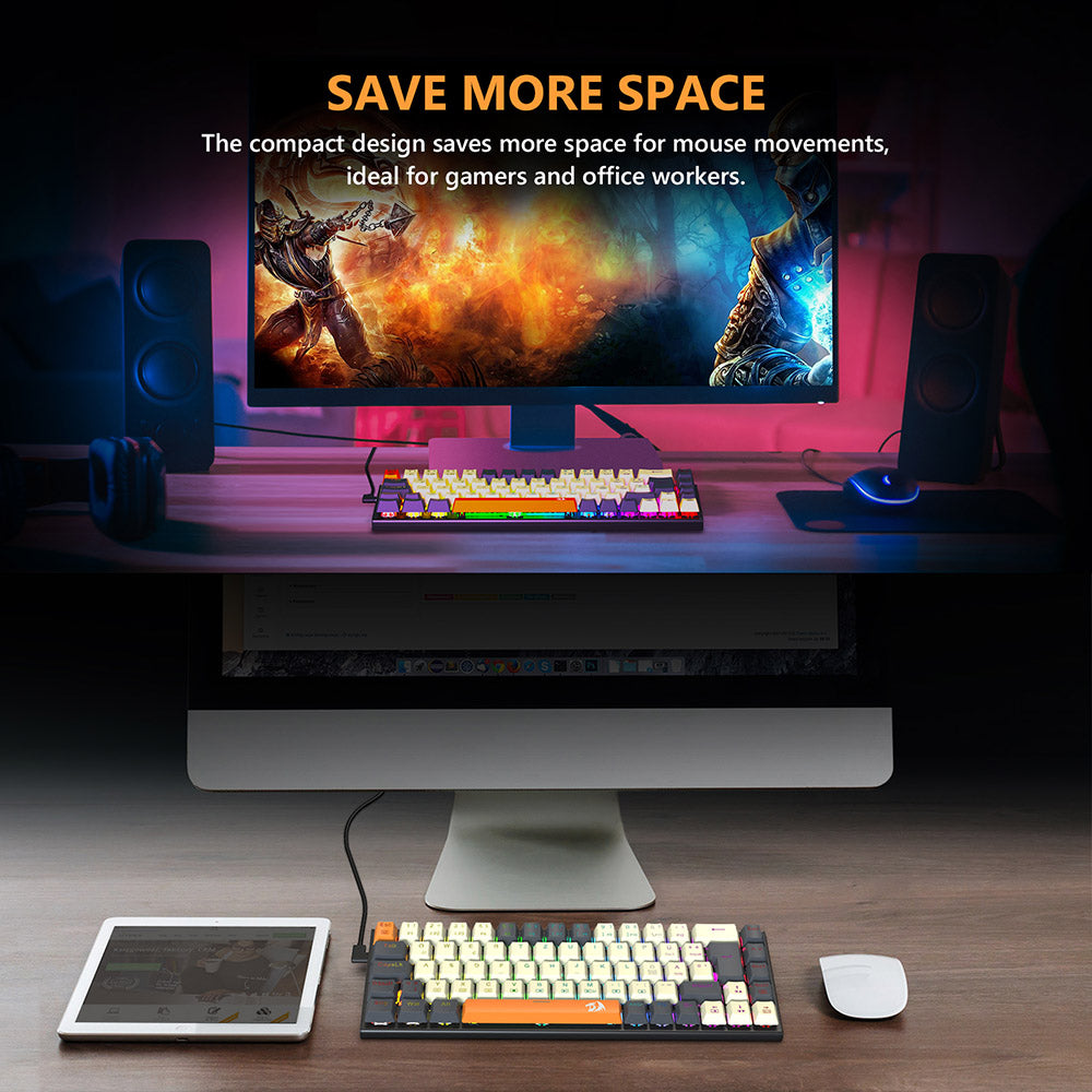 Herní mechanická klávesnice Redragon QWERTZ s německým rozložením kláves K633CGO-RGB Ryze, 68 kláves, červené spínače, RGB podsvícení, kovový panel, kabelové připojení USB-C, mechanické spínače vyměnitelné za provozu, programovatelné klávesy s barevnými PBT krytkami a 4 extra externími spínači.