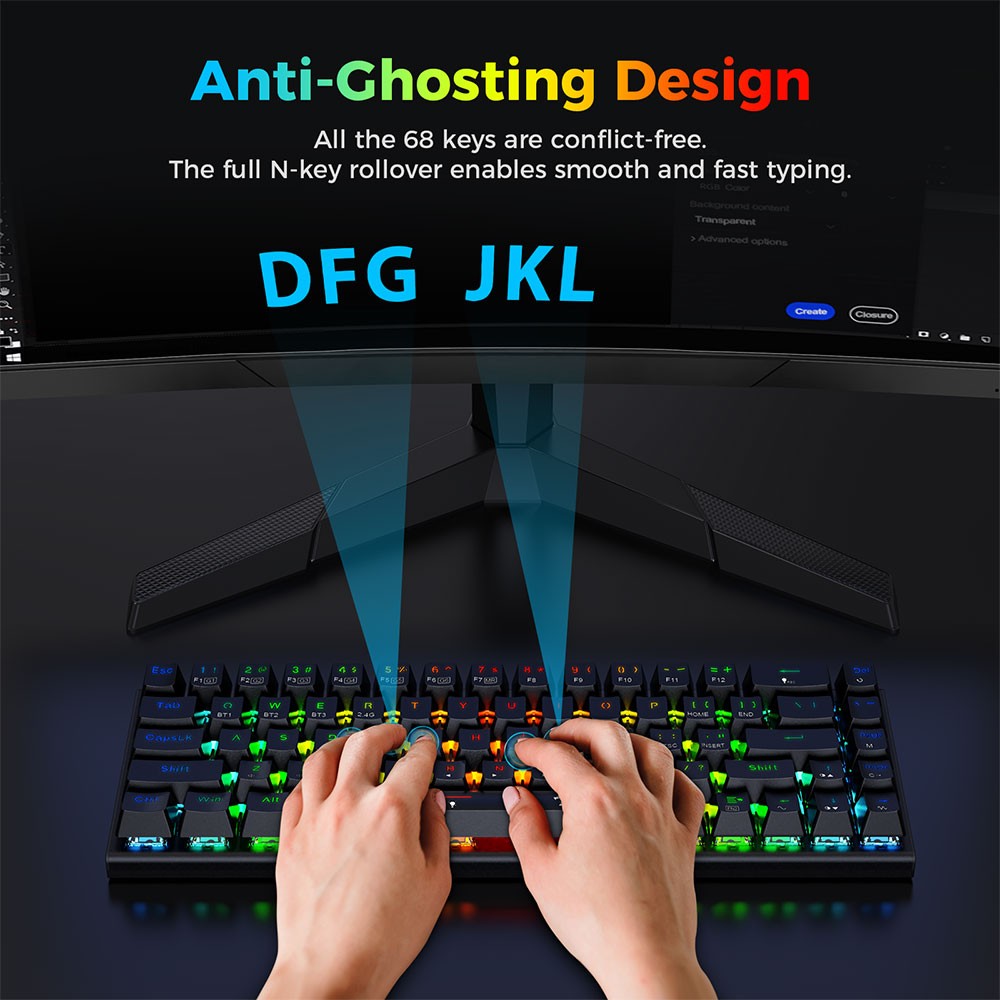 Redragon K633RGB-PRO Ryze Pro 68 kláves Bluetooth/2,4 GHz/kabelová třírežimová mechanická klávesnice s RGB podsvícením, červeným přepínačem - černá