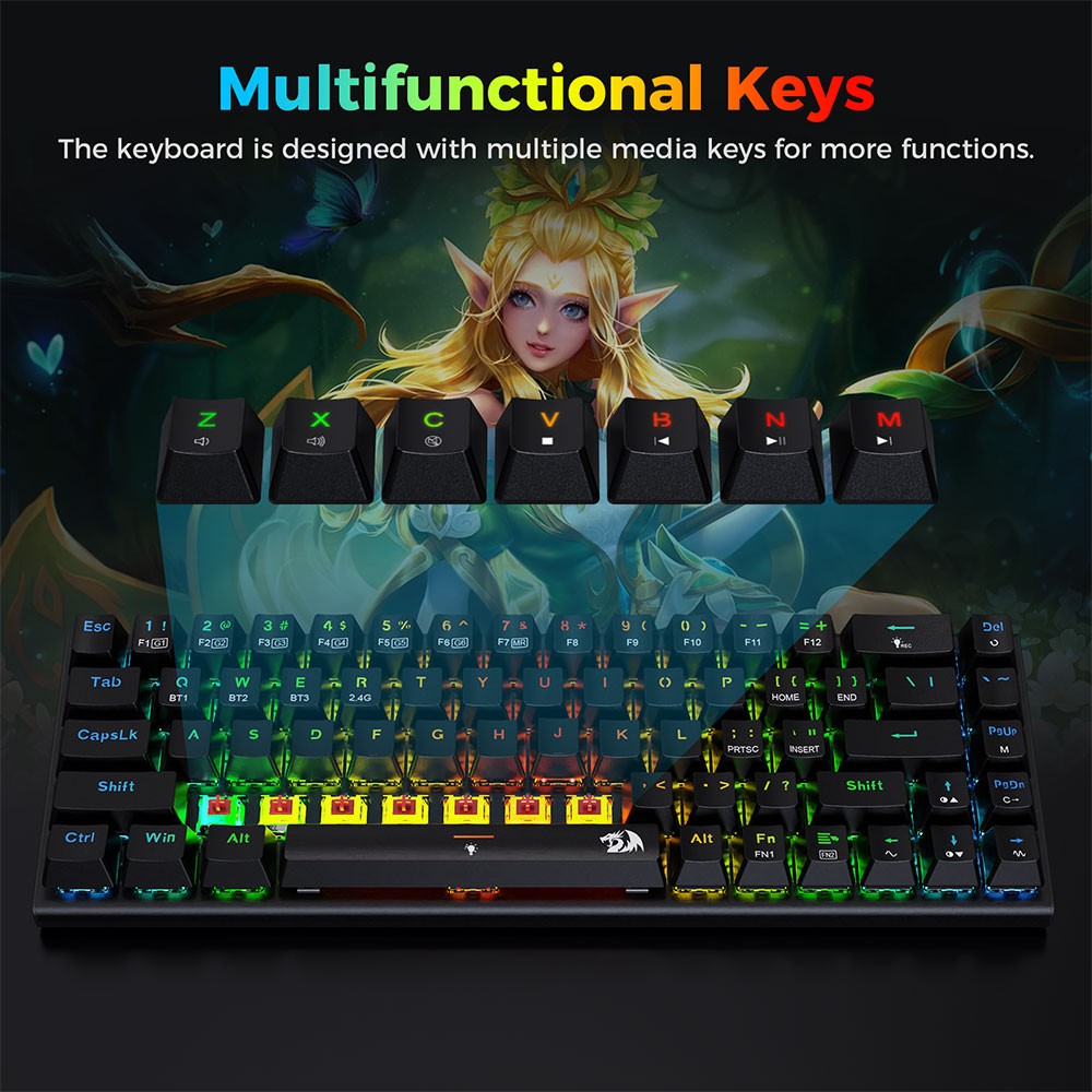 Redragon K633RGB-PRO Ryze Pro 68 kláves Bluetooth/2,4 GHz/kabelová třírežimová mechanická klávesnice s RGB podsvícením, červeným přepínačem - černá
