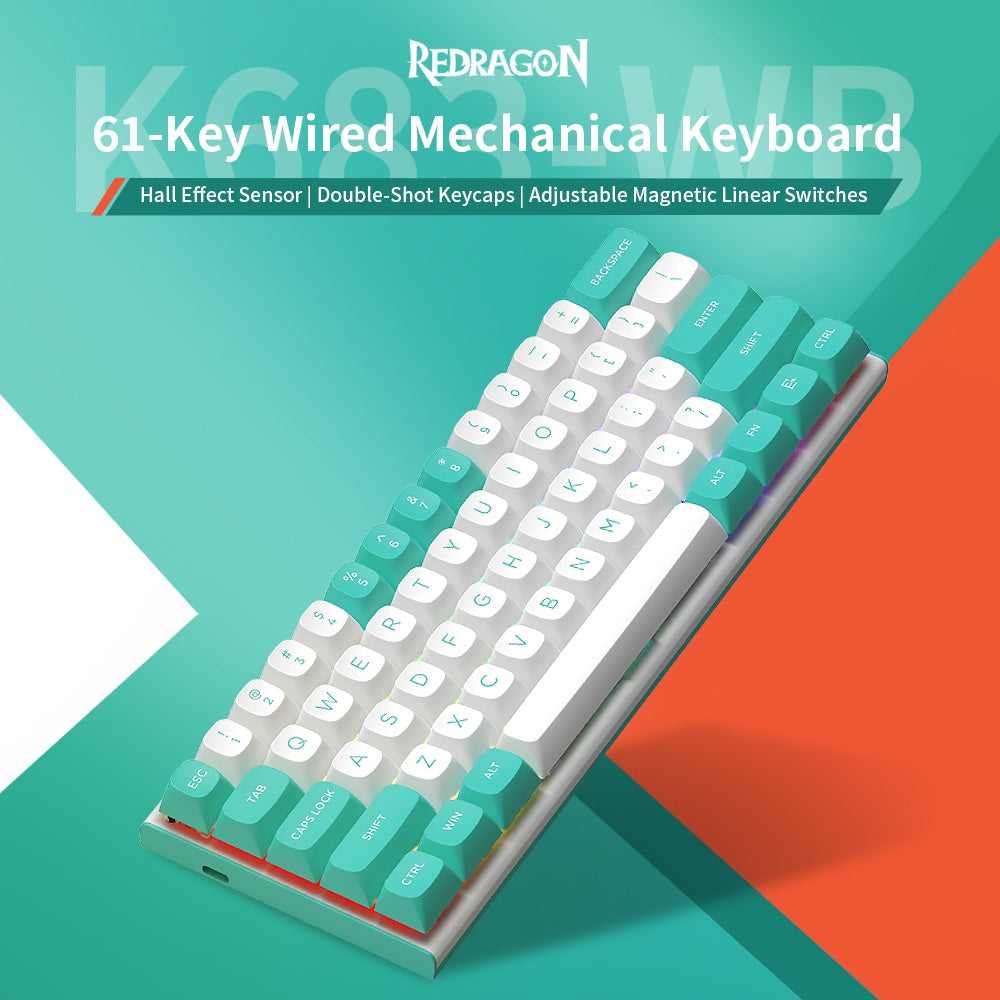 Redragon K683WB-RGB Drátová mechanická klávesnice, 87 kláves, nastavitelné magnetické lineární spínače, dvojité PBT klávesy, frekvence dotazování 8000 Hz, RGB podsvícení - bílo-zelená