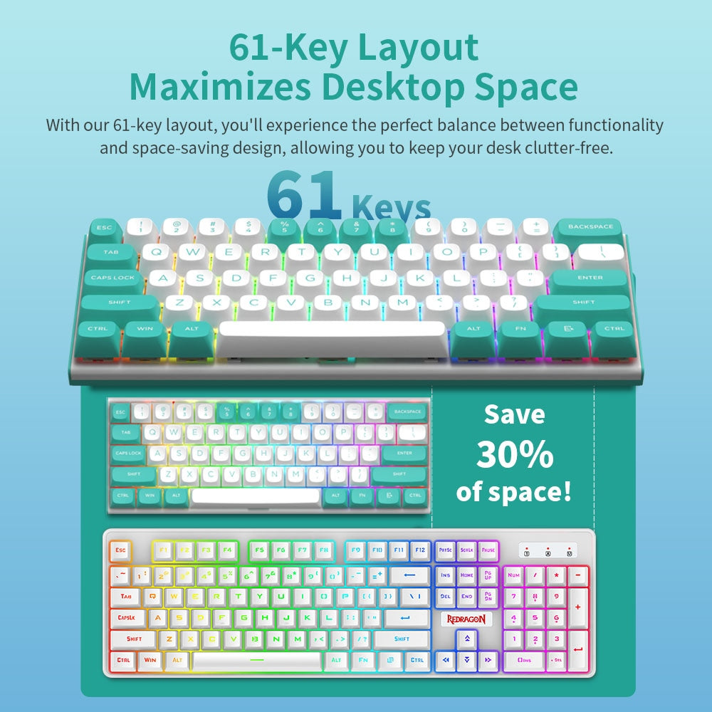 Redragon K683WB-RGB Drátová mechanická klávesnice, 87 kláves, nastavitelné magnetické lineární spínače, dvojité PBT klávesy, frekvence dotazování 8000 Hz, RGB podsvícení - bílo-zelená