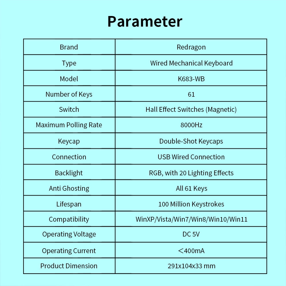 Redragon K683WB-RGB Drátová mechanická klávesnice, 87 kláves, nastavitelné magnetické lineární spínače, dvojité PBT klávesy, frekvence dotazování 8000 Hz, RGB podsvícení - bílo-zelená