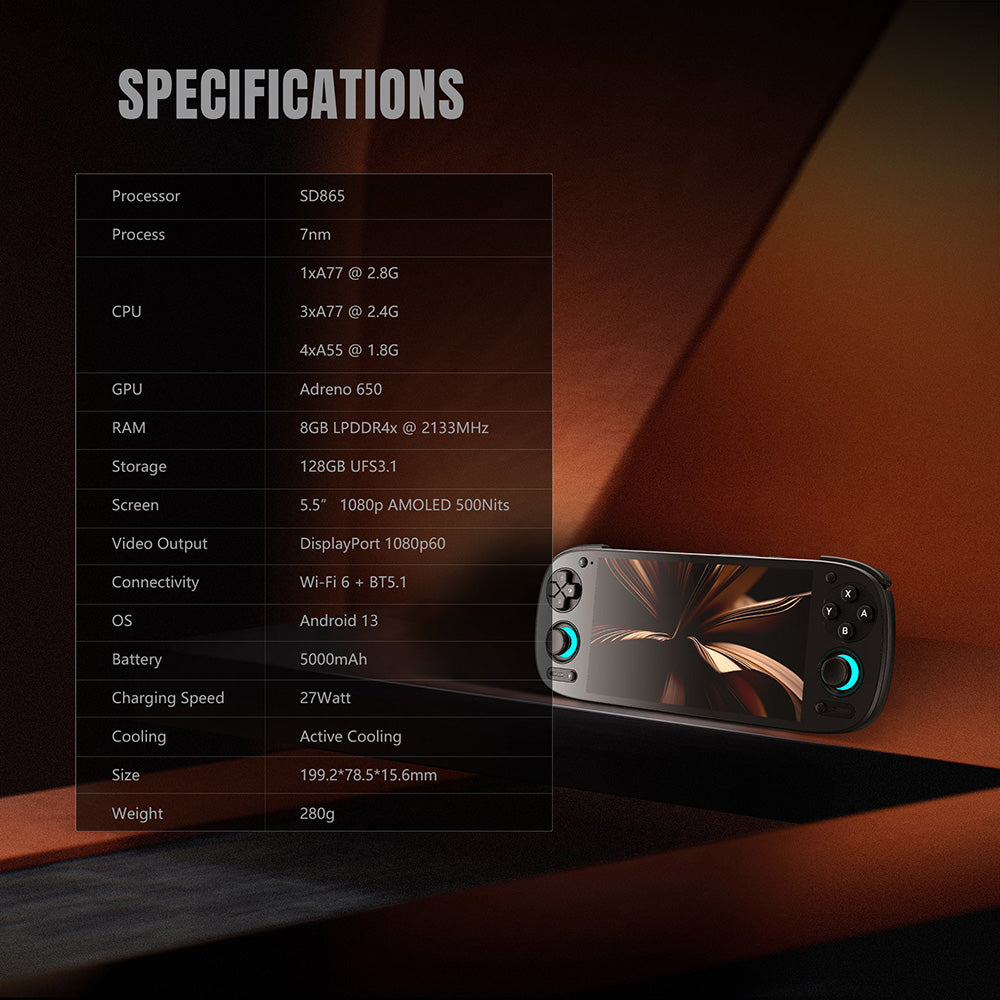 Herní konzole Retroid Pocket 5, Android 13, 5,5palcový 1080p AMOLED displej, 8 GB RAM LPDDR4x, 128 GB úložiště UFS 3.1, WiFi 6 Bluetooth 5.1, baterie 5000 mAh - černá