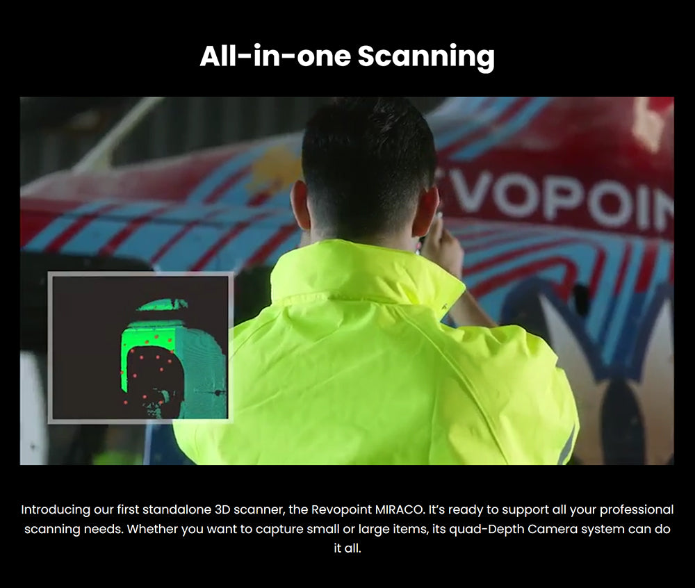 3D skener Revopoint MIRACO s 16 GB RAM, vysokou přesností 0,02 mm, rychlostí skenování 15 snímků za sekundu, snímáním v rozlišení 8K barev, otočnou obrazovkou o 180°, 9osou IMU, obrazem v rozlišení 2K HD, režimem jednoho snímku a kontinuálním snímáním, stojatým provedením, pro malé i velké objekty