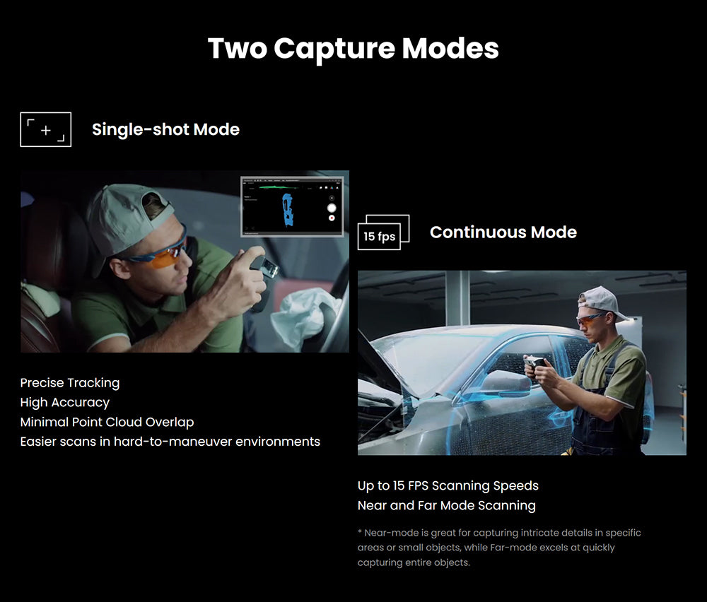 3D skener Revopoint MIRACO s 16 GB RAM, vysokou přesností 0,02 mm, rychlostí skenování 15 snímků za sekundu, snímáním v rozlišení 8K barev, otočnou obrazovkou o 180°, 9osou IMU, obrazem v rozlišení 2K HD, režimem jednoho snímku a kontinuálním snímáním, stojatým provedením, pro malé i velké objekty