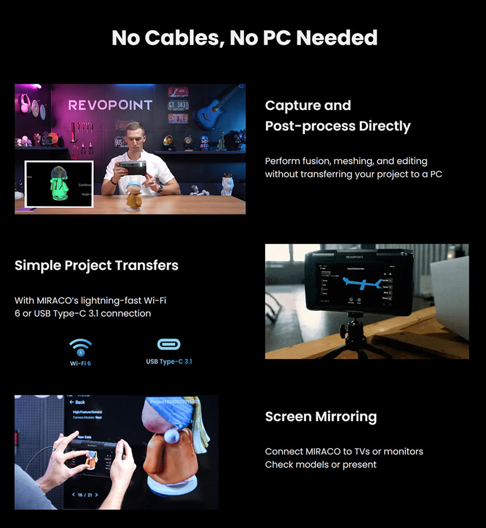 3D skener Revopoint MIRACO s 16 GB RAM, vysokou přesností 0,02 mm, rychlostí skenování 15 snímků za sekundu, snímáním v rozlišení 8K barev, otočnou obrazovkou o 180°, 9osou IMU, obrazem v rozlišení 2K HD, režimem jednoho snímku a kontinuálním snímáním, stojatým provedením, pro malé i velké objekty