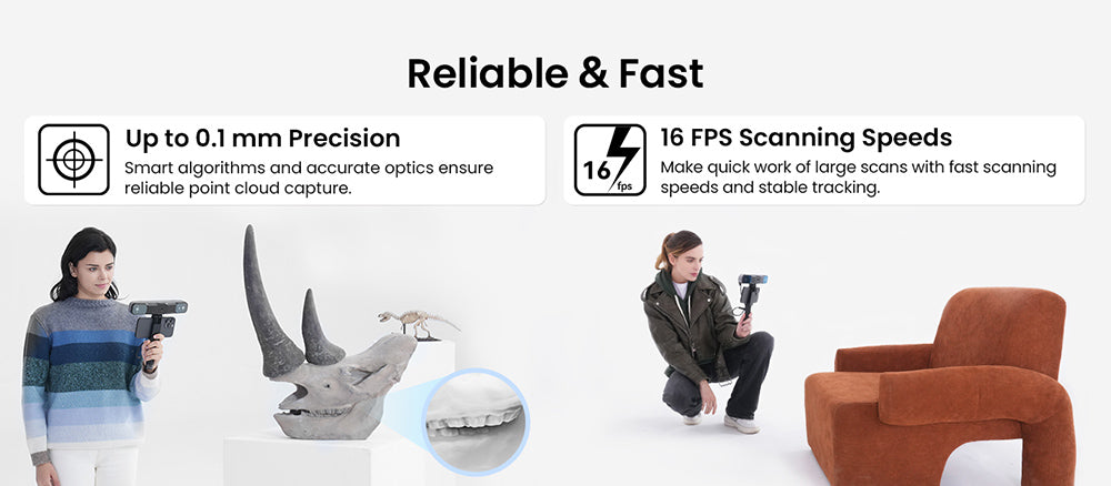 3D skener Revopoint RANGE 2, přesnost 0,1 mm, rozlišení 2 MP, rychlost skenování až 16 snímků za sekundu, pracovní vzdálenost 400–1300 mm, 4 LED blesky, sledování pohybu IMU, podpora pro snímání těla, obličeje/velkých objektů a systémy Windows/Android/iOS/macOS