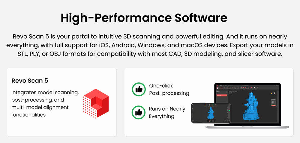 3D skener Revopoint RANGE 2, přesnost 0,1 mm, rozlišení 2 MP, rychlost skenování až 16 snímků za sekundu, pracovní vzdálenost 400–1300 mm, 4 LED blesky, sledování pohybu IMU, podpora pro snímání těla, obličeje/velkých objektů a systémy Windows/Android/iOS/macOS