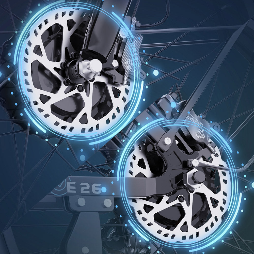 Elektrokolo Ridstar E26 Pro, motor 1000 W*2, baterie 48 V 23 Ah, tlusté pneumatiky 26*4 palce, maximální rychlost 49 km/h, dojezd 75 km, dvojitá hydraulická brzda, celoodpružené, řazení Shimano 7 rychlostí