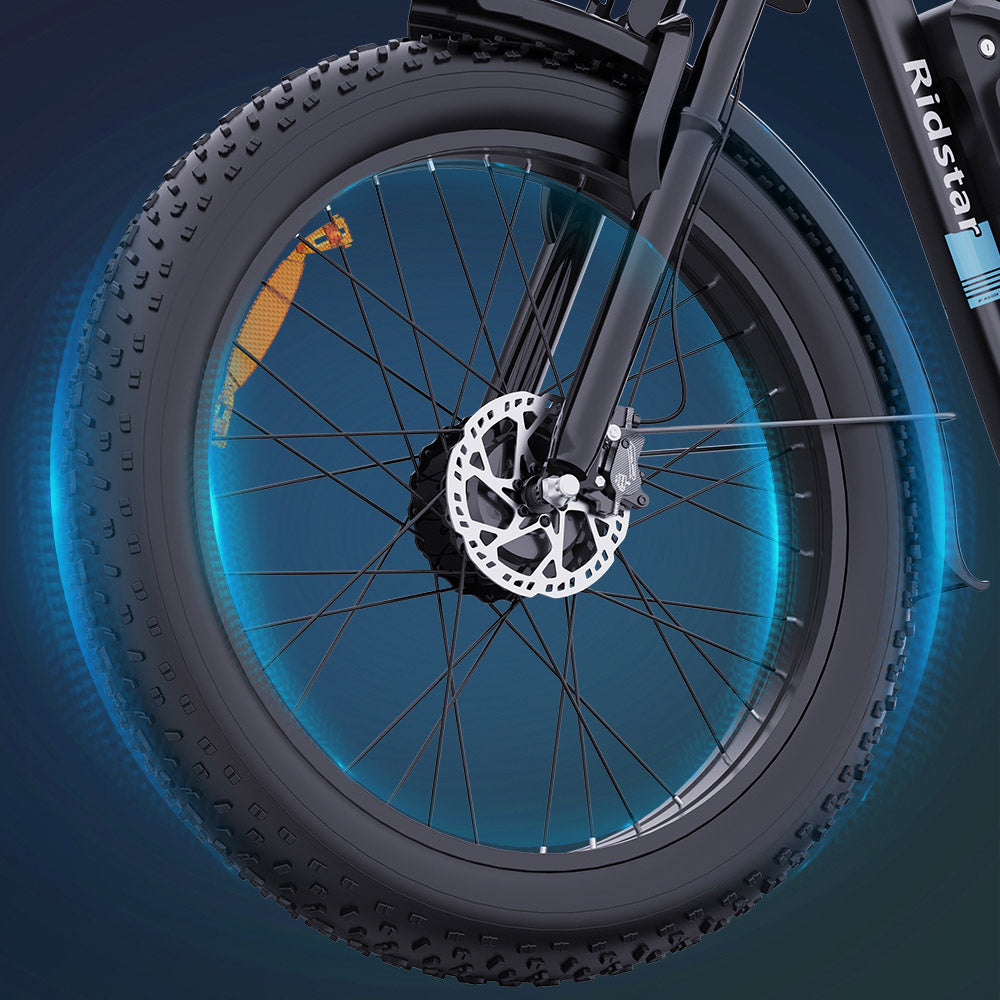 Elektrokolo Ridstar E26 Pro, motor 1000 W*2, baterie 48 V 23 Ah, tlusté pneumatiky 26*4 palce, maximální rychlost 49 km/h, dojezd 75 km, dvojitá hydraulická brzda, celoodpružené, řazení Shimano 7 rychlostí