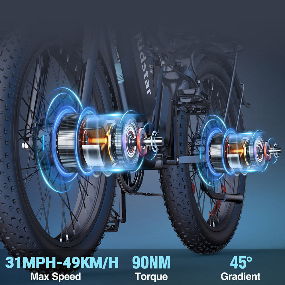 Elektrokolo Ridstar E26 Pro, motor 1000 W*2, baterie 48 V 23 Ah, tlusté pneumatiky 26*4 palce, maximální rychlost 49 km/h, dojezd 75 km, dvojitá hydraulická brzda, celoodpružené, řazení Shimano 7 rychlostí