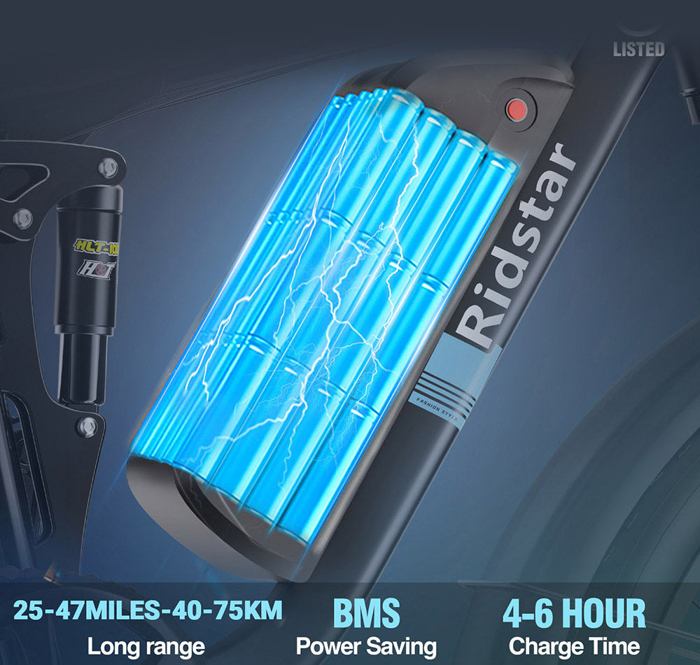 Elektrokolo Ridstar E26 Pro, motor 1000 W*2, baterie 48 V 23 Ah, tlusté pneumatiky 26*4 palce, maximální rychlost 49 km/h, dojezd 75 km, dvojitá hydraulická brzda, celoodpružené, řazení Shimano 7 rychlostí