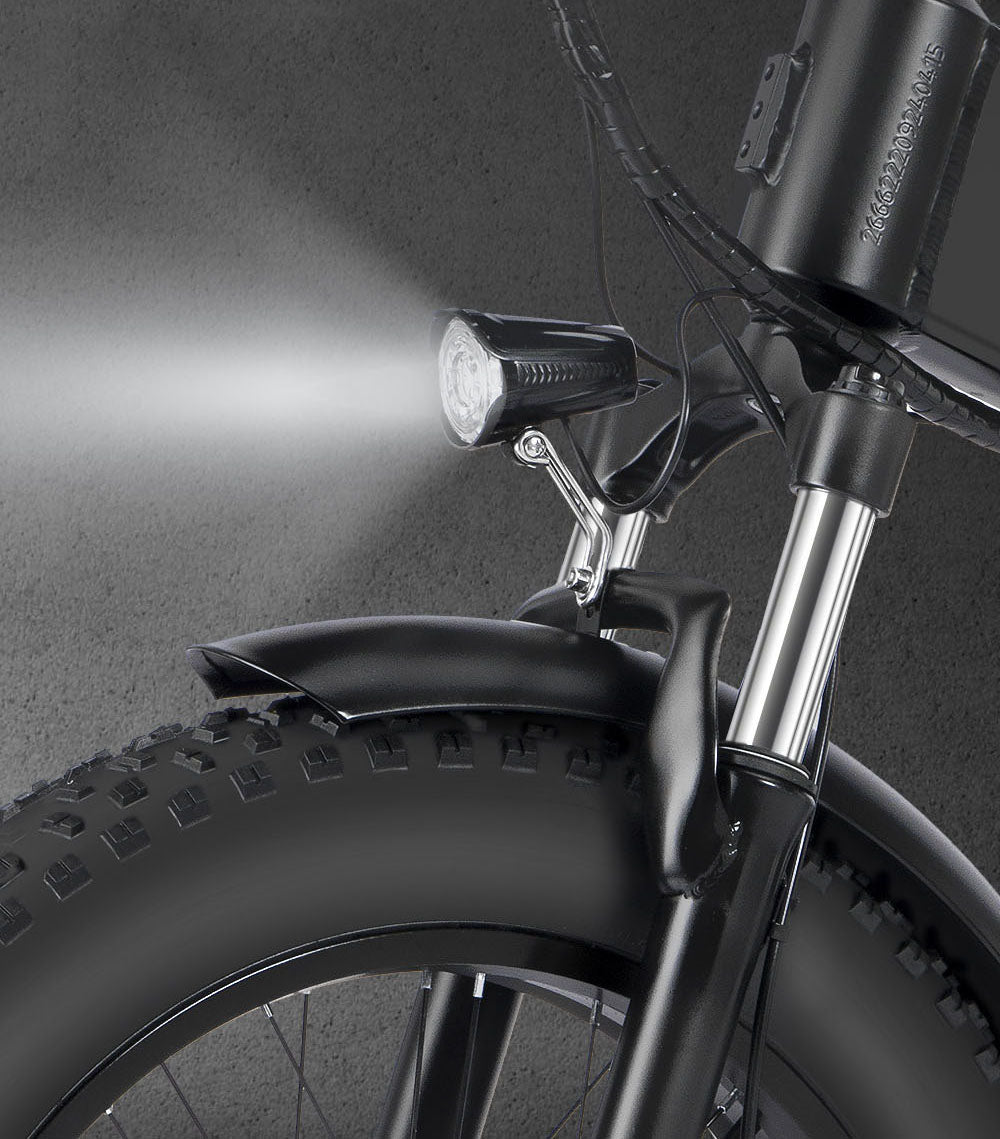 Skládací elektrokolo Ridstar H20, motor 1000 W, baterie 48 V 15 Ah, tlusté pneumatiky 20 x 4,0 palce, maximální rychlost 45 km/h, maximální dojezd 80 km, řazení Shimano 7 rychlostí, dvojité kotoučové brzdy, dvojité hydraulické odpružení vpředu a vzadu.