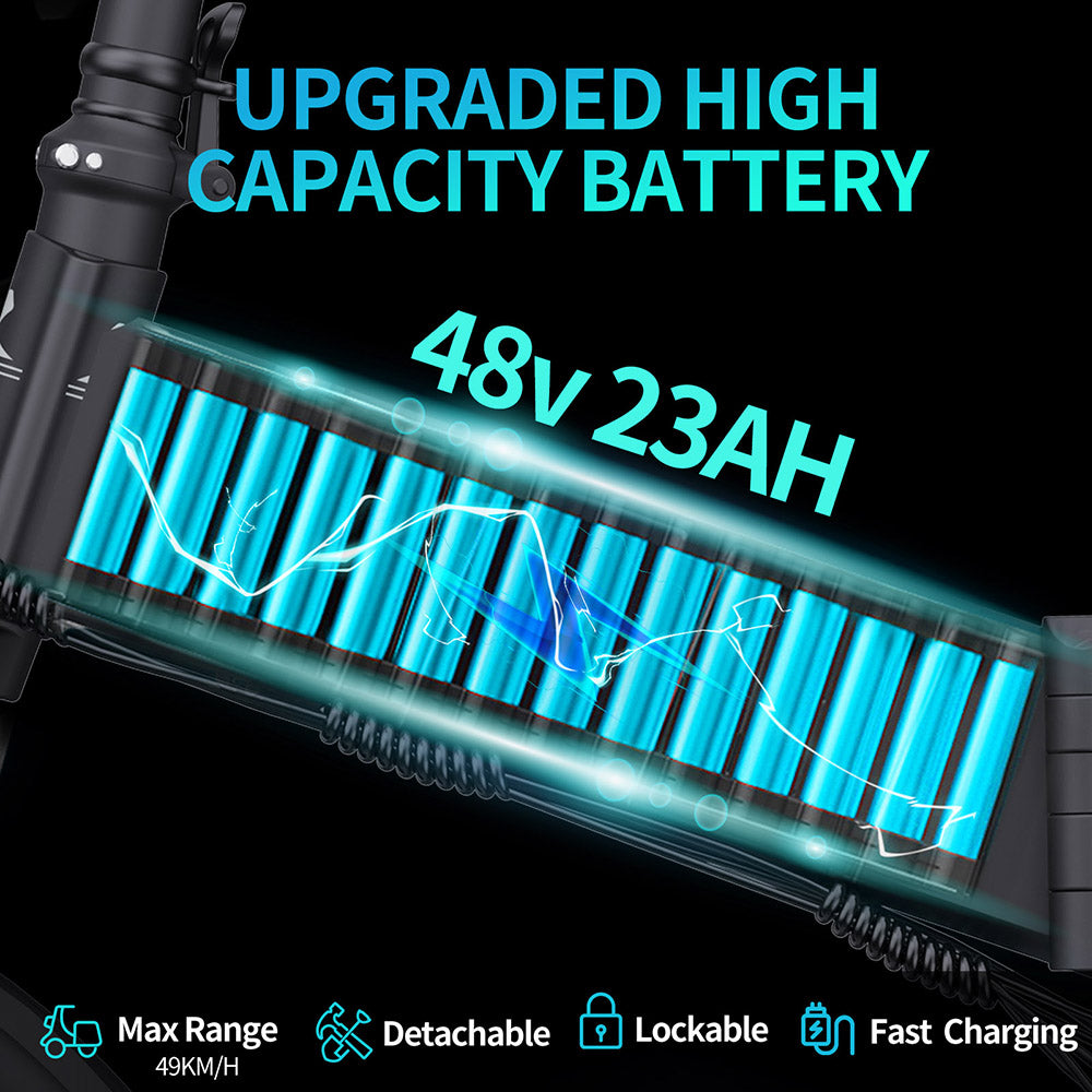 Elektrokolo Ridstar H20 Pro, motor 1000 W*2, baterie 48 V 23 Ah, tlusté pneumatiky 20*4 palce, maximální rychlost 49 km/h, dojezd 112 km, hydraulické kotoučové brzdy, přední a zadní tlumič, řazení Shimano 7 rychlostí