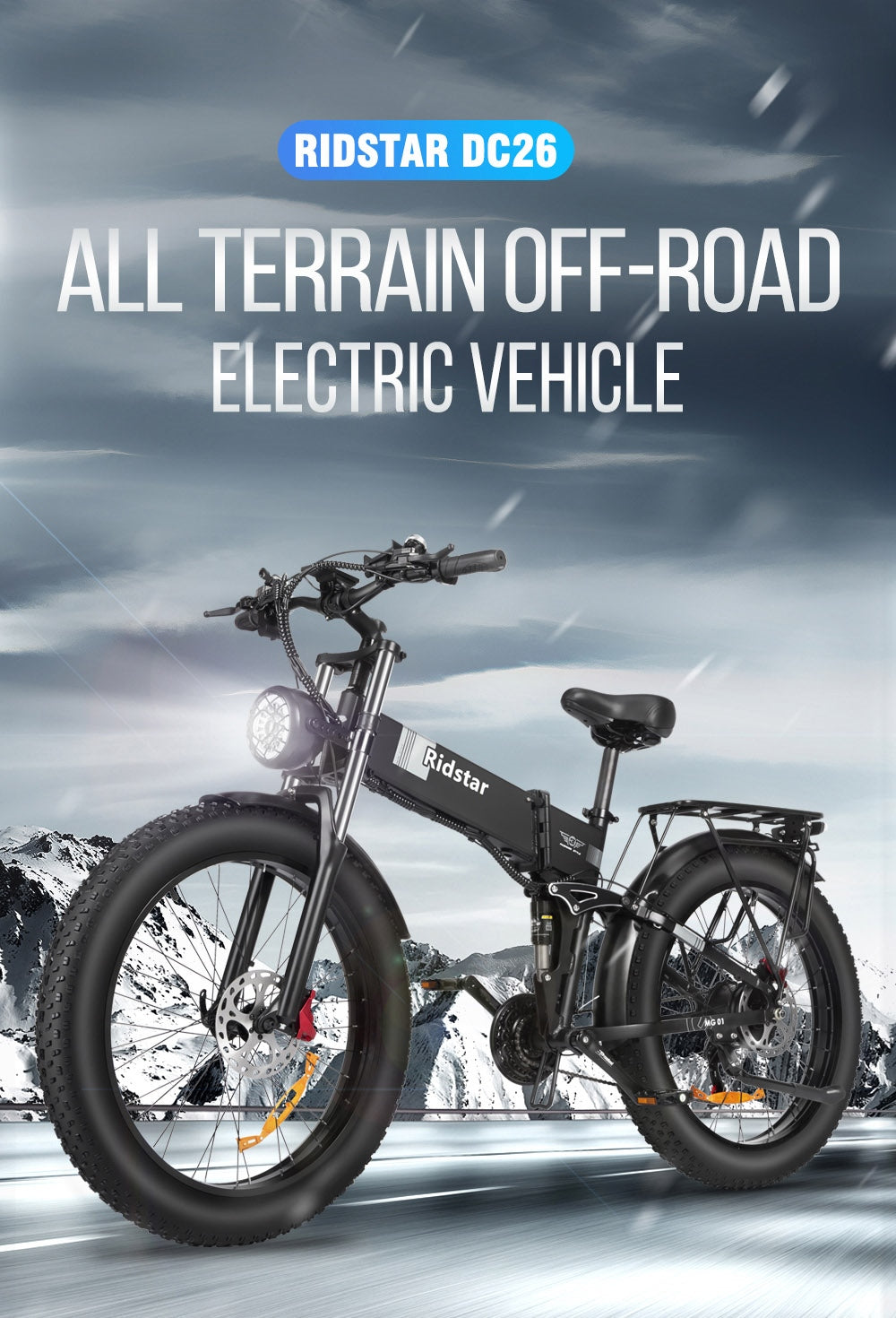 Elektrické kolo Ridstar H26 Pro, 26*4,0 palce terénní tlusté pneumatiky, motor 1000 W, baterie 48 V 20 Ah, maximální rychlost 58 km/h, maximální dojezd 120 km, olejová brzda