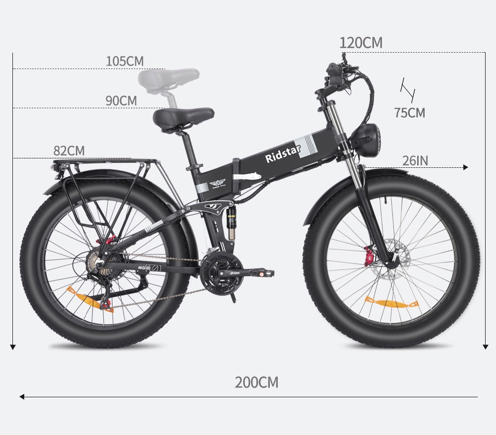 Elektrické kolo Ridstar H26 Pro, 26*4,0 palce terénní tlusté pneumatiky, motor 1000 W, baterie 48 V 20 Ah, maximální rychlost 58 km/h, maximální dojezd 120 km, olejová brzda