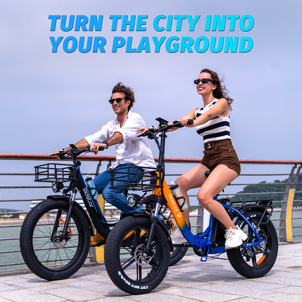 Elektrokolo Ridstar MN20, motor 500 W, tlusté pneumatiky 20*4,0 palce, baterie 48 V 20 Ah, maximální rychlost 48 km/h, maximální zatížení 150 kg, dojezd 50–70 km, řazení Shimano 7 rychlostí, dvojité mechanické kotoučové brzdy