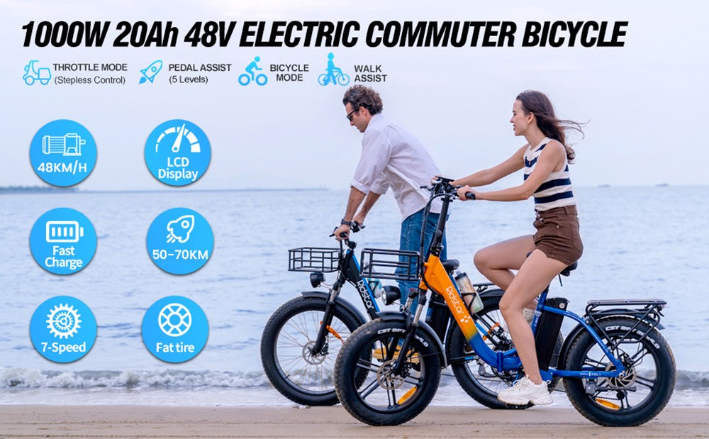 Elektrokolo Ridstar MN20, motor 500 W, tlusté pneumatiky 20*4,0 palce, baterie 48 V 20 Ah, maximální rychlost 48 km/h, maximální zatížení 150 kg, dojezd 50–70 km, řazení Shimano 7 rychlostí, dvojité mechanické kotoučové brzdy