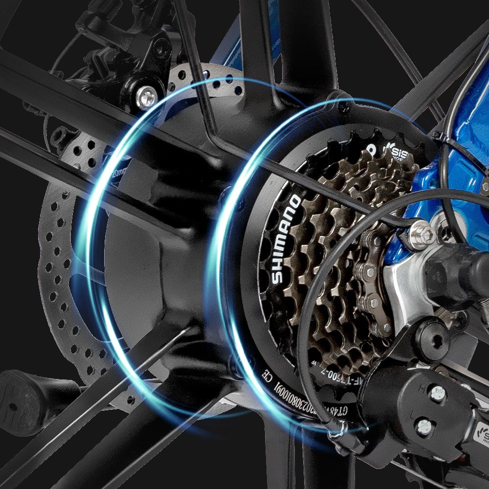 Elektrokolo Ridstar MN20, motor 500 W, tlusté pneumatiky 20*4,0 palce, baterie 48 V 20 Ah, maximální rychlost 48 km/h, maximální zatížení 150 kg, dojezd 50–70 km, řazení Shimano 7 rychlostí, dvojité mechanické kotoučové brzdy