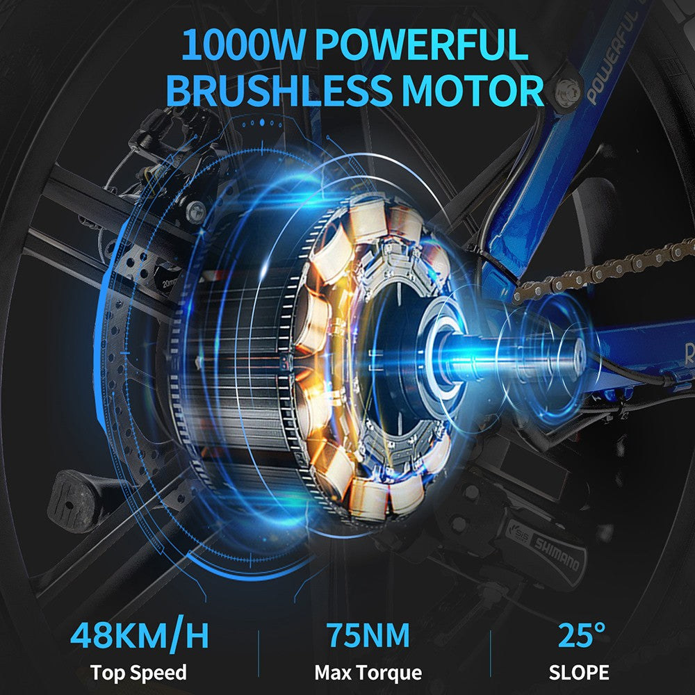 Elektrokolo Ridstar MN20, motor 500 W, tlusté pneumatiky 20*4,0 palce, baterie 48 V 20 Ah, maximální rychlost 48 km/h, maximální zatížení 150 kg, dojezd 50–70 km, řazení Shimano 7 rychlostí, dvojité mechanické kotoučové brzdy