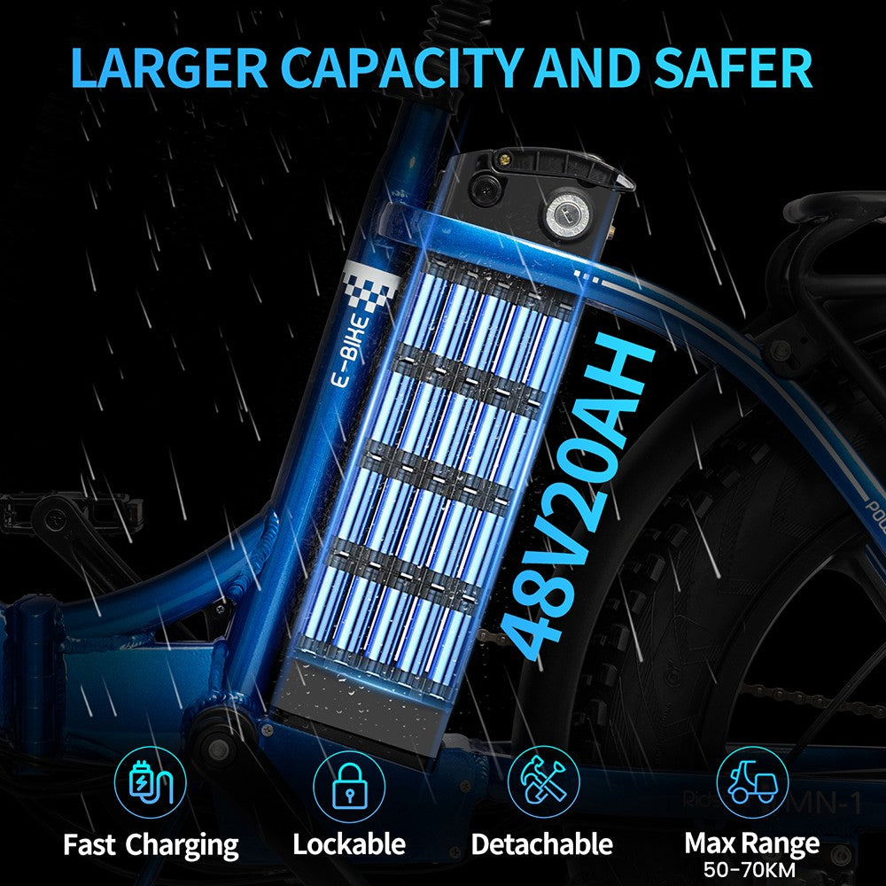 Elektrokolo Ridstar MN20, motor 500 W, tlusté pneumatiky 20*4,0 palce, baterie 48 V 20 Ah, maximální rychlost 48 km/h, maximální zatížení 150 kg, dojezd 50–70 km, řazení Shimano 7 rychlostí, dvojité mechanické kotoučové brzdy