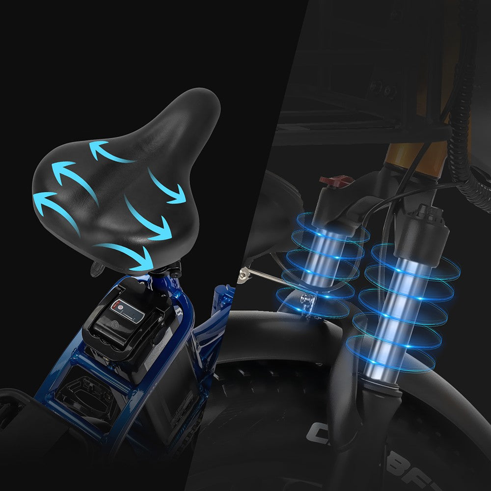 Elektrokolo Ridstar MN20, motor 500 W, tlusté pneumatiky 20*4,0 palce, baterie 48 V 20 Ah, maximální rychlost 48 km/h, maximální zatížení 150 kg, dojezd 50–70 km, řazení Shimano 7 rychlostí, dvojité mechanické kotoučové brzdy