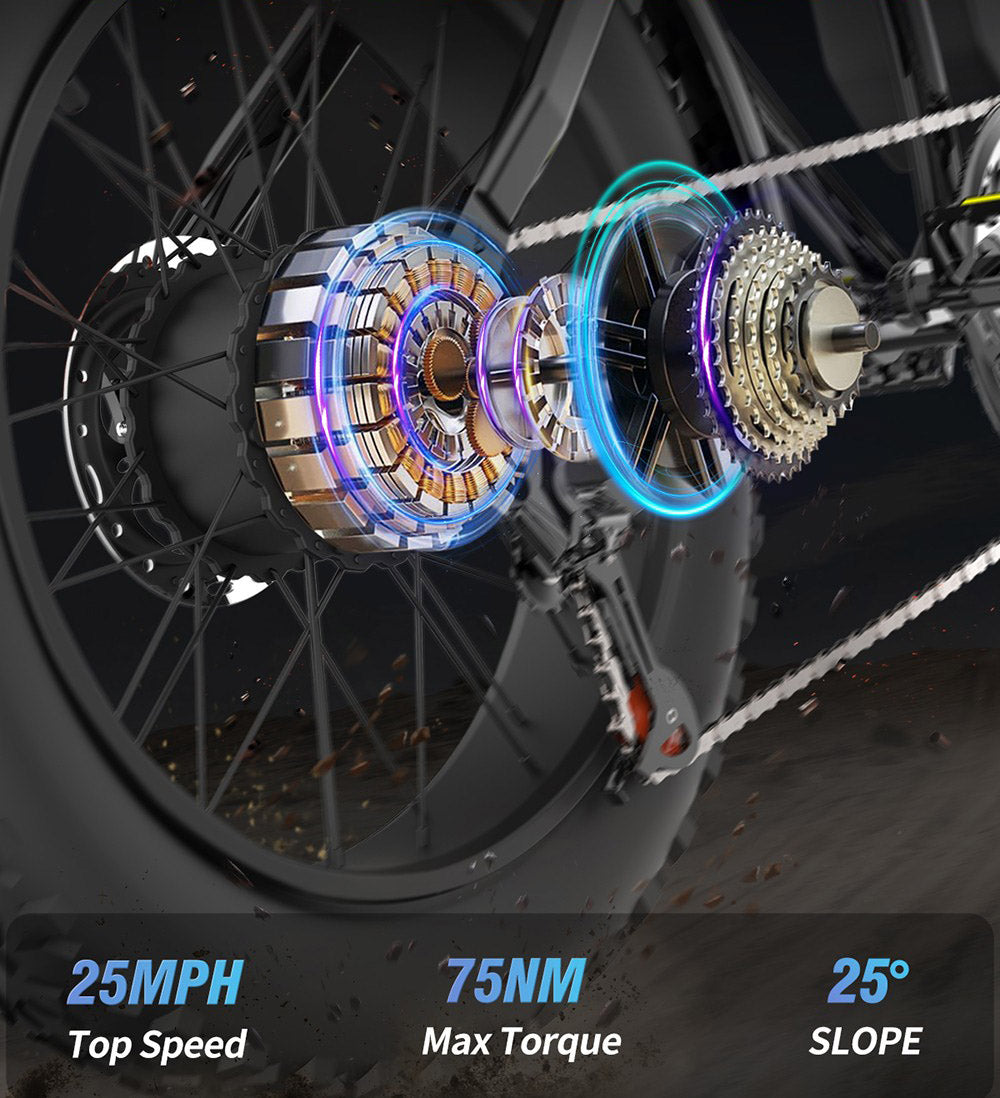 Minielektrické kolo Ridstar Q20, motor 1000 W, baterie 48 V 15 Ah, tlusté pneumatiky 20 x 4,0 palce, maximální rychlost 40 km/h, dojezd 80 km, přední odpružená vidlice, mechanické kotoučové brzdy