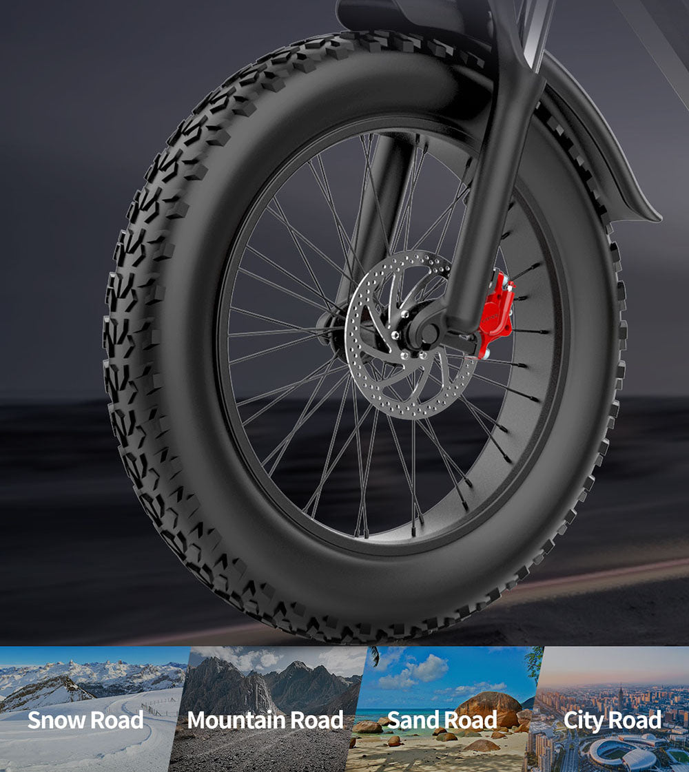 Minielektrické kolo Ridstar Q20, motor 1000 W, baterie 48 V 15 Ah, tlusté pneumatiky 20 x 4,0 palce, maximální rychlost 40 km/h, dojezd 80 km, přední odpružená vidlice, mechanické kotoučové brzdy