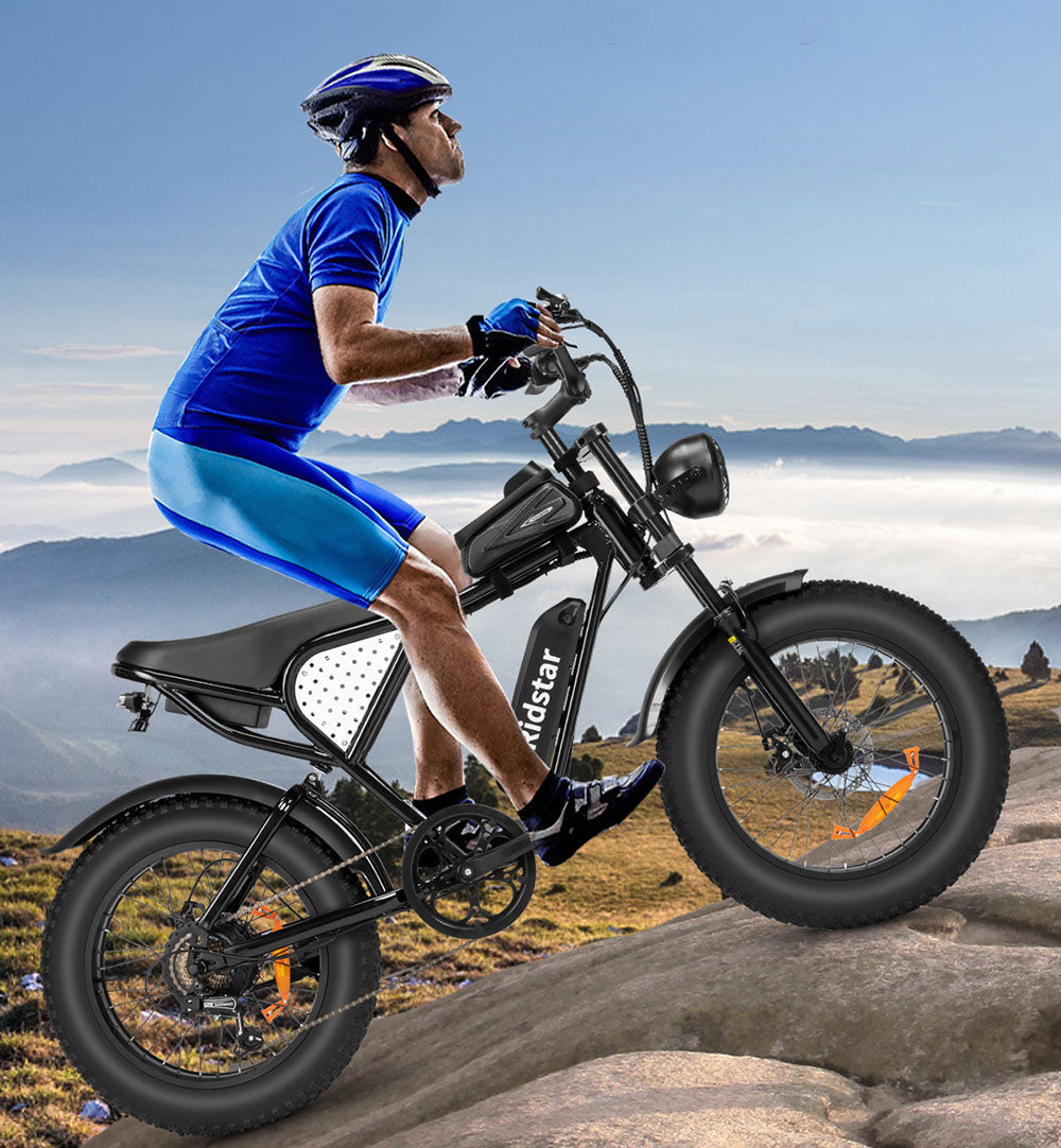 Minielektrické kolo Ridstar Q20, motor 1000 W, baterie 48 V 15 Ah, tlusté pneumatiky 20 x 4,0 palce, maximální rychlost 40 km/h, dojezd 80 km, přední odpružená vidlice, mechanické kotoučové brzdy