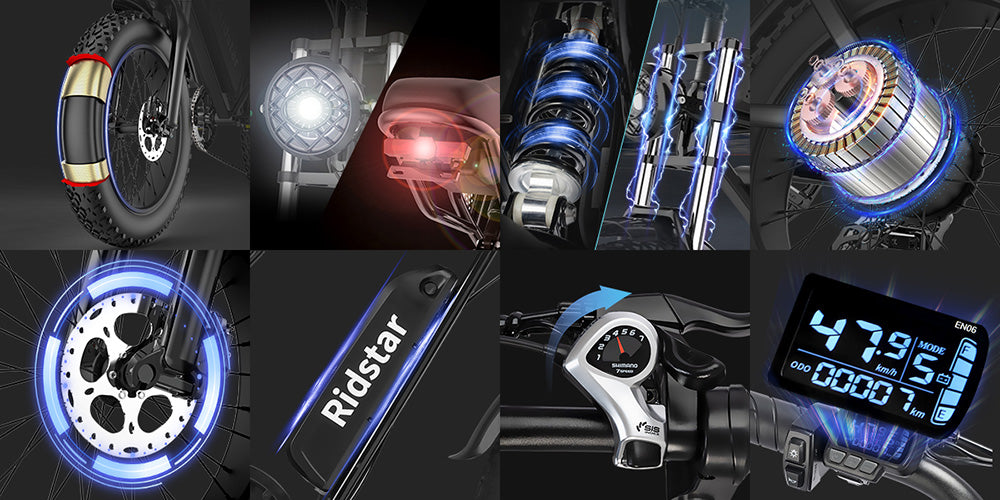 Minielektrické kolo Ridstar Q20, motor 1000 W, baterie 48 V 15 Ah, tlusté pneumatiky 20 x 4,0 palce, maximální rychlost 40 km/h, dojezd 80 km, přední odpružená vidlice, mechanické kotoučové brzdy