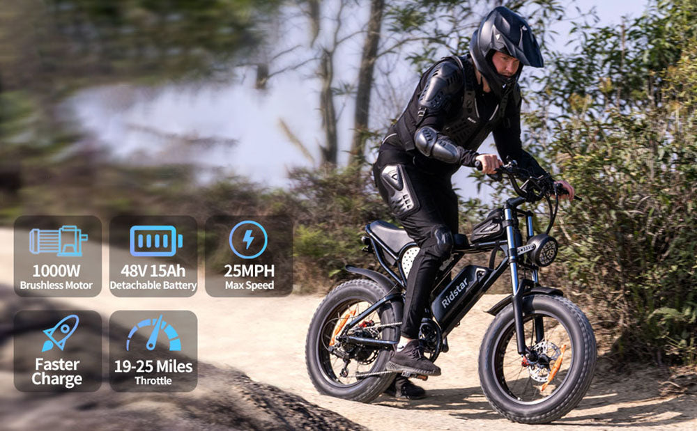Minielektrické kolo Ridstar Q20, motor 1000 W, baterie 48 V 15 Ah, tlusté pneumatiky 20 x 4,0 palce, maximální rychlost 40 km/h, dojezd 80 km, přední odpružená vidlice, mechanické kotoučové brzdy
