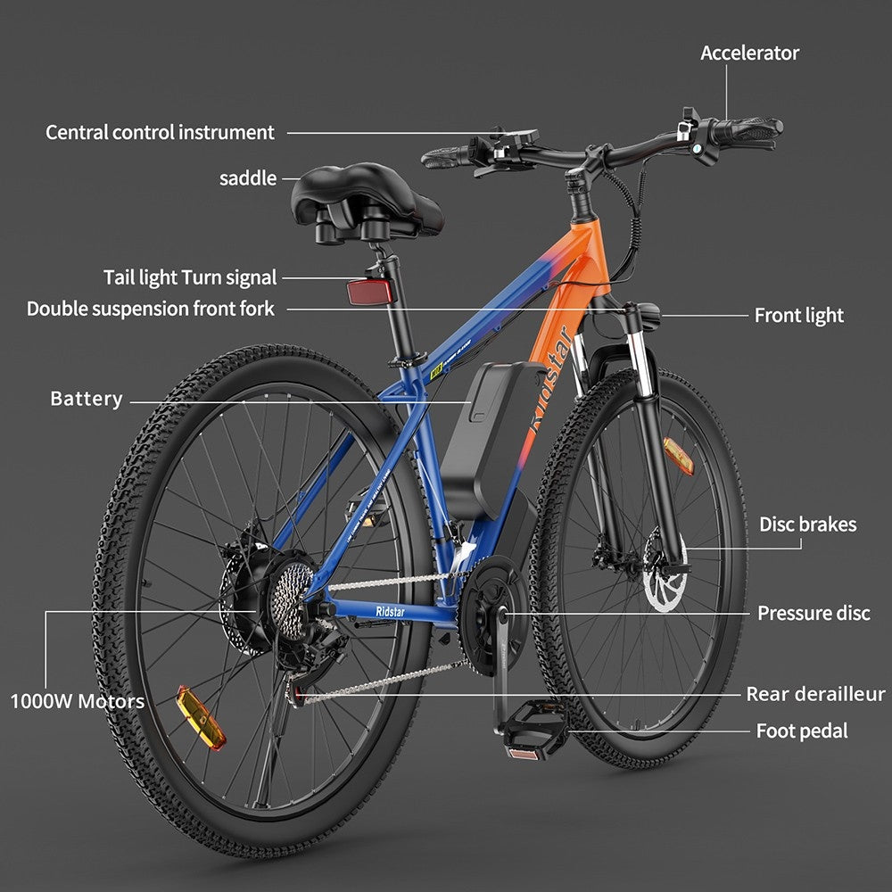 Elektrokolo Ridstar S29, pneumatiky 29*2,0 palce, motor 1000 W, baterie 48 V, 15 Ah, maximální rychlost 50 km/h, dojezd 80 km, mechanické kotoučové brzdy SHIMANO, 21 rychlostí