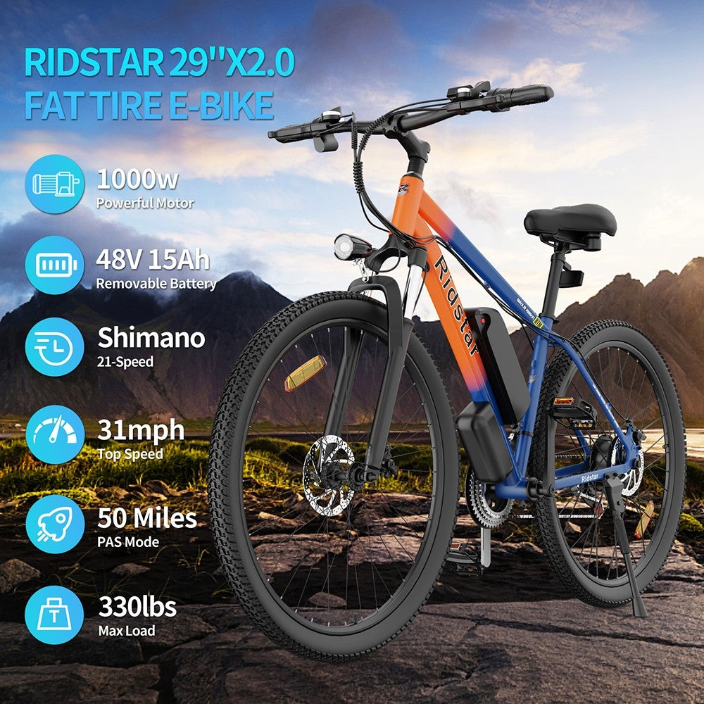 Elektrokolo Ridstar S29, pneumatiky 29*2,0 palce, motor 1000 W, baterie 48 V, 15 Ah, maximální rychlost 50 km/h, dojezd 80 km, mechanické kotoučové brzdy SHIMANO, 21 rychlostí