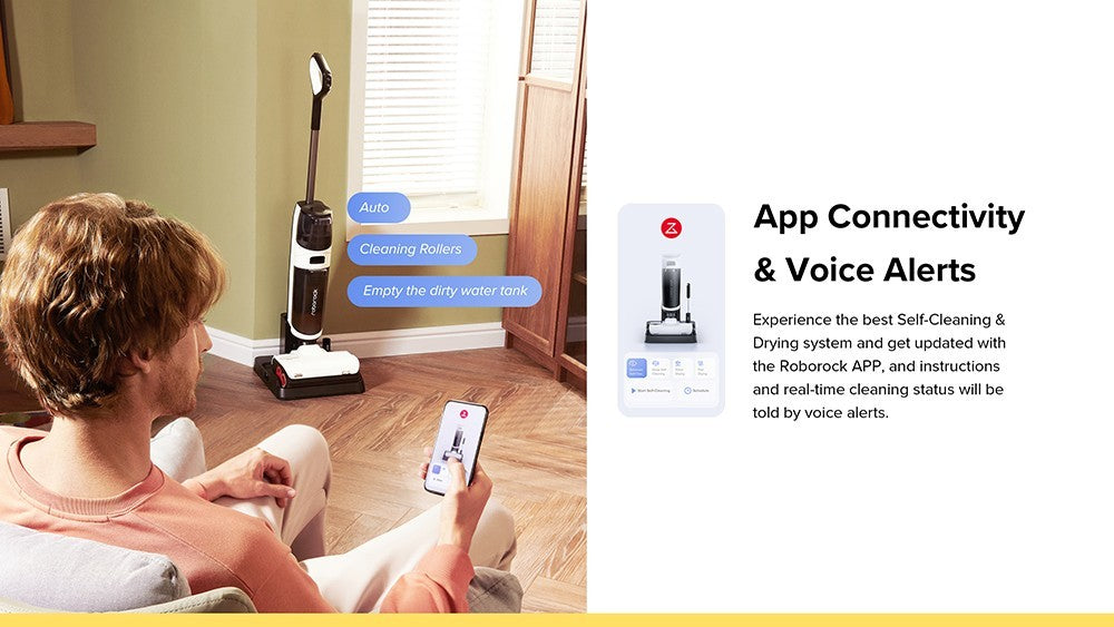 Roborock Dyad Pro Chytrý bezdrátový mokro-suchý vysavač 17000Pa Výkonný sací výkon Dvojité válce Čištění okrajů Samočištění Horkovzdušný samosušící Doba provozu 43 minut LED displej Ovládání aplikací a hlasová upozornění - Černý