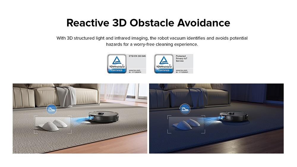 Robotický vysavač Roborock S8, 6000Pa, extrémní sací výkon, dvojitý válečkový kartáč, 3D strukturované světlo, vyhýbání se překážkám, sonická vibrace, mopování, automatické zvedání mopu, baterie 5200mAh, doba provozu 180 minut, 3D mapa, 400ml nádoba na prach, ovládání pomocí aplikace - černý (upgrade z Roborock S7)