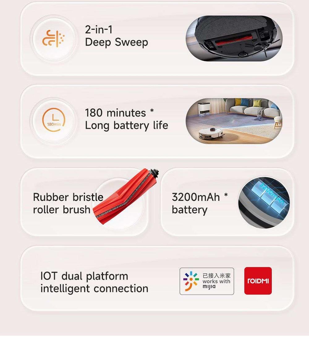 Xiaomi ROIDMI EVE CC Robotický vysavač Automatické sběr prachu 2 v 1 Vysávání a mopování 4000Pa Výkonné sací výkon LDS Laserová navigace Baterie 3200mAh 180 minut provozu Nádrž na vodu 290ML Nádoba na prach 260ML Ovládání pomocí aplikace - Bílá