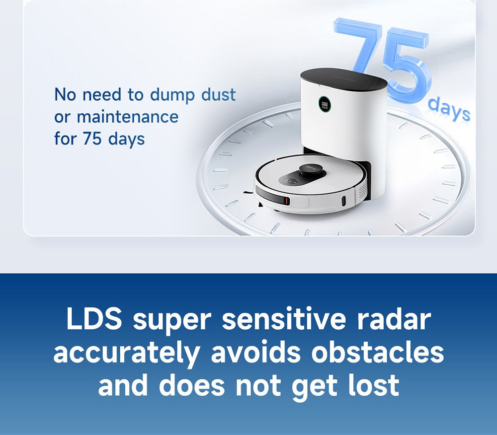 Robotický vysavač ROIDMI EVE MAX se samovyprazdňovací stanicí, maximálním sacím výkonem 5000 Pa, funkcí mopování, 3l prachovým sáčkem, maximální dobou provozu 250 minut, navigací LiDAR, mapováním více podlaží, ovládáním aplikací a hlasem