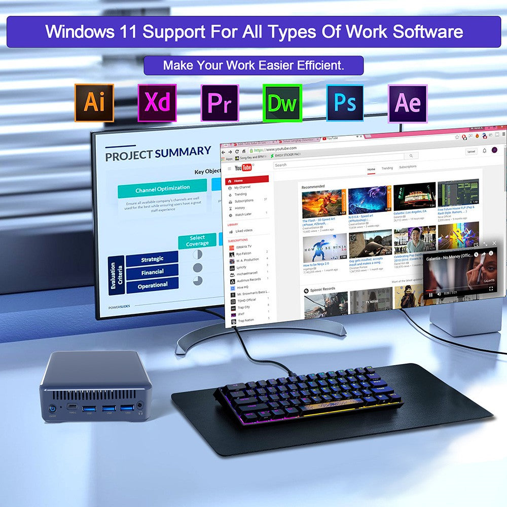 Mini PC RUPA HSI-100, Intel N100 4 jádra max. 3,4 GHz, 16 GB RAM, 512 GB SSD, 3x HDMI 4K 60Hz trojitý displej, WiFi 6 Bluetooth 5.2, 3x USB 3.0, 1x Type-C, 1x RJ45, 1x 3,5mm audio