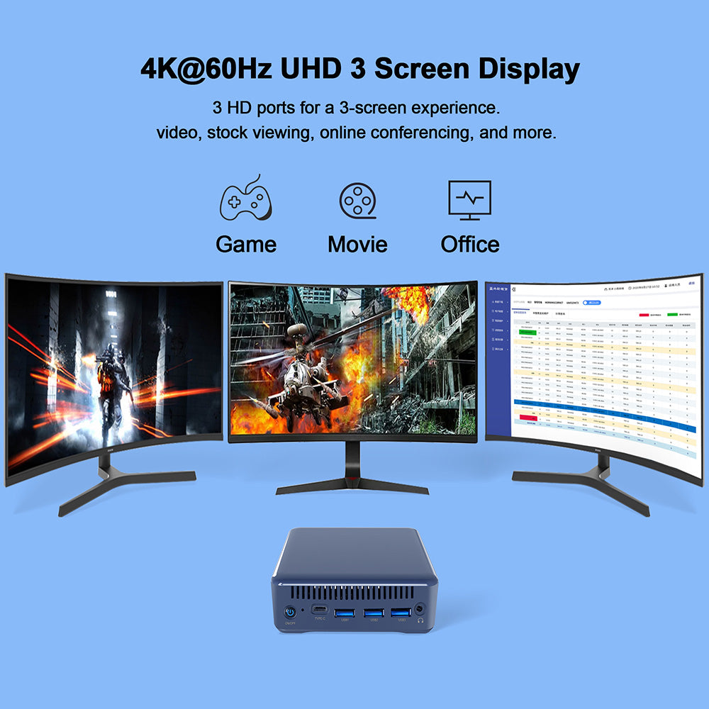 Mini PC RUPA HSI-100, Intel N100 4 jádra max. 3,4 GHz, 16 GB RAM, 512 GB SSD, 3x HDMI 4K 60Hz trojitý displej, WiFi 6 Bluetooth 5.2, 3x USB 3.0, 1x Type-C, 1x RJ45, 1x 3,5mm audio