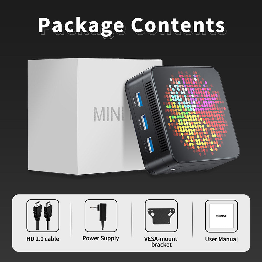 Mini PC RUPA HSI-N100, Intel N100 4 jádra max. 3,4 GHz, 12 GB RAM, 512 GB SSD, 3x HDMI 4K 60 Hz trojitý displej, WiFi 6 Bluetooth 5.2, 3x USB 3.0, 2x RJ45, 1x 3,5mm audio