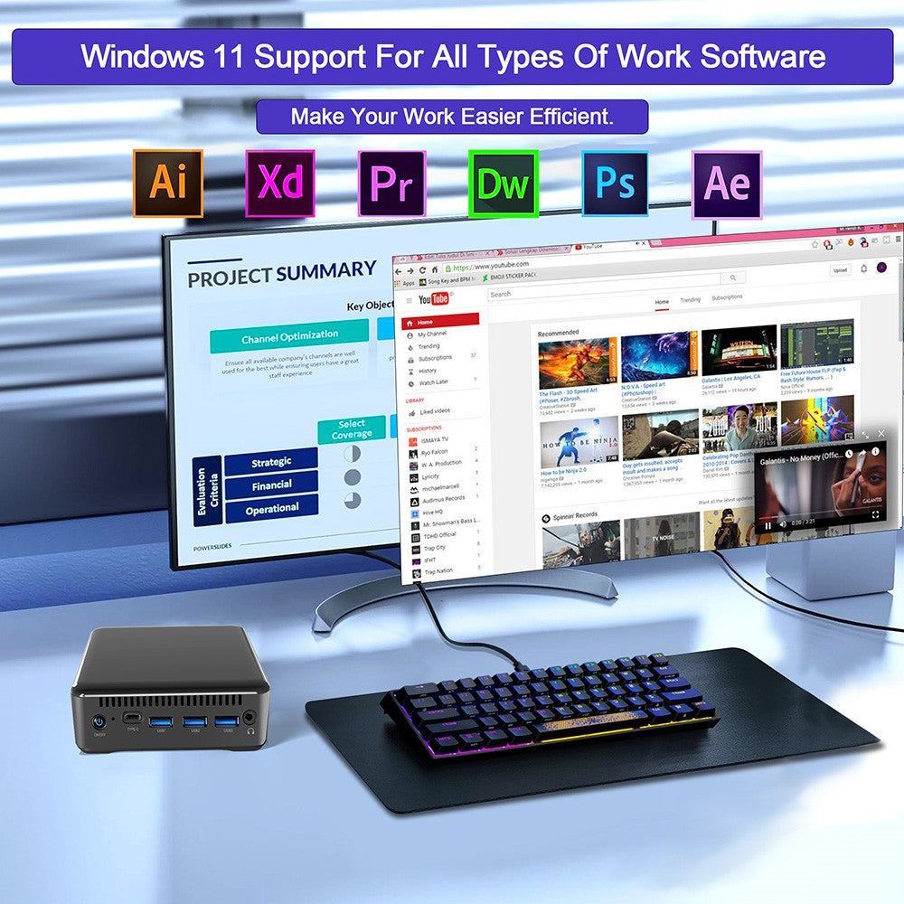 Mini PC RUPA HSI-95, Intel N95 4 jádra max. 3,4 GHz, 8 GB RAM 256 GB SSD, 3*HDMI 4K 60Hz trojitý displej, WiFi 6 Bluetooth 5.2, 3*USB 3.0, 1*Type-C, 1*RJ45, 1* 3,5mm audio