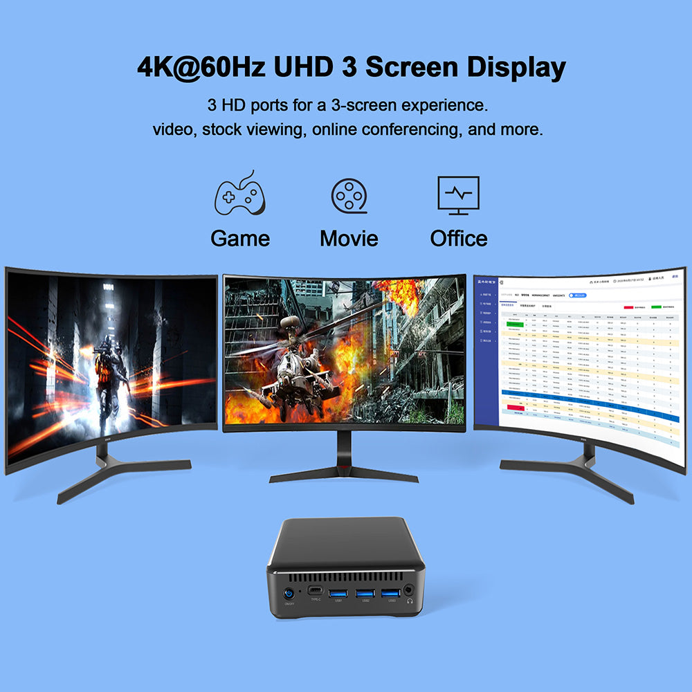 Mini PC RUPA HSI-95, Intel N95 4 jádra max. 3,4 GHz, 8 GB RAM 256 GB SSD, 3*HDMI 4K 60Hz trojitý displej, WiFi 6 Bluetooth 5.2, 3*USB 3.0, 1*Type-C, 1*RJ45, 1* 3,5mm audio