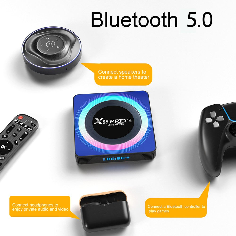 TV box X88 Pro 13 s Androidem 13, čtyřjádrový procesor RK3528, 2 GB RAM, 16 GB ROM, podpora dekódování videa v rozlišení 8K, Bluetooth 5.0, WiFi 6, 1*USB 3.0, 1*USB 2.0, 1*HDMI, 1*RJ451, 1*Micro SD karta