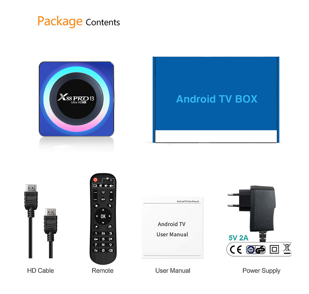 TV box X88 Pro 13 s Androidem 13, čtyřjádrový procesor RK3528, 2 GB RAM, 16 GB ROM, podpora dekódování videa v rozlišení 8K, Bluetooth 5.0, WiFi 6, 1*USB 3.0, 1*USB 2.0, 1*HDMI, 1*RJ451, 1*Micro SD karta