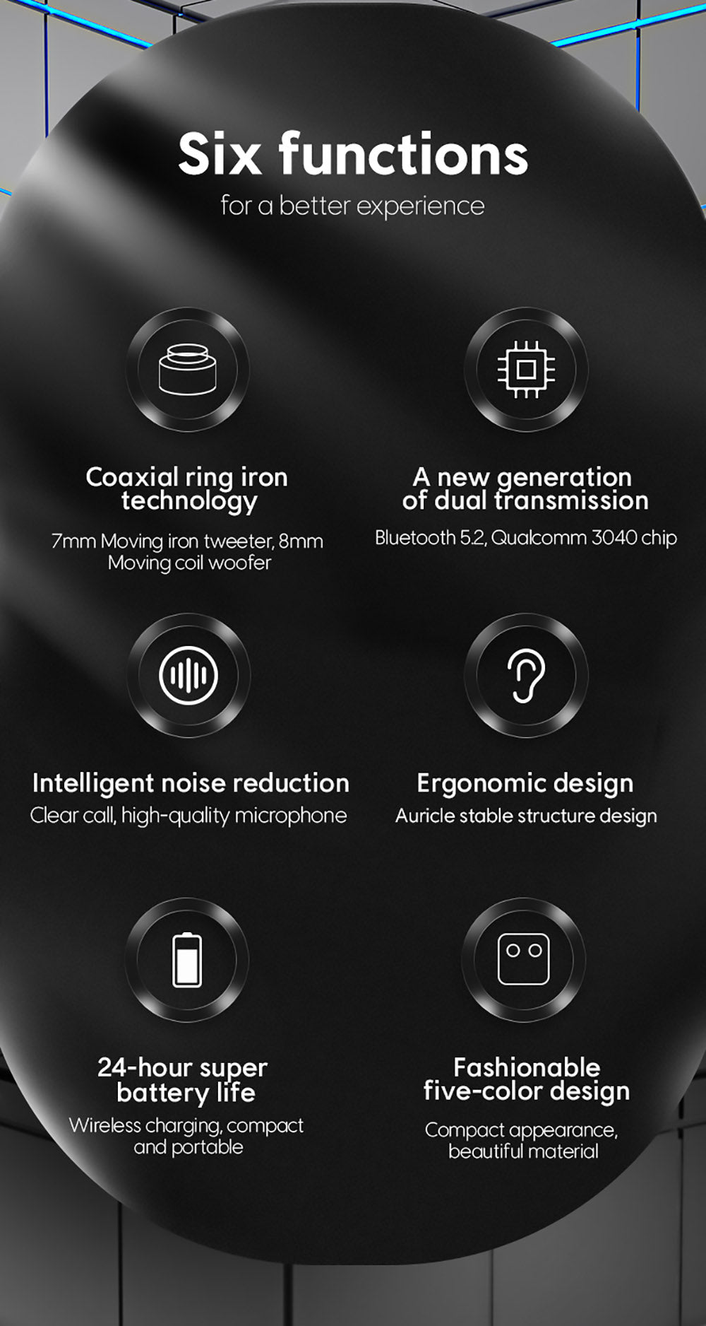 Bezdrátová sluchátka Sabbat E18 TWS s Bluetooth 5.2, hudbou a hraním – černá