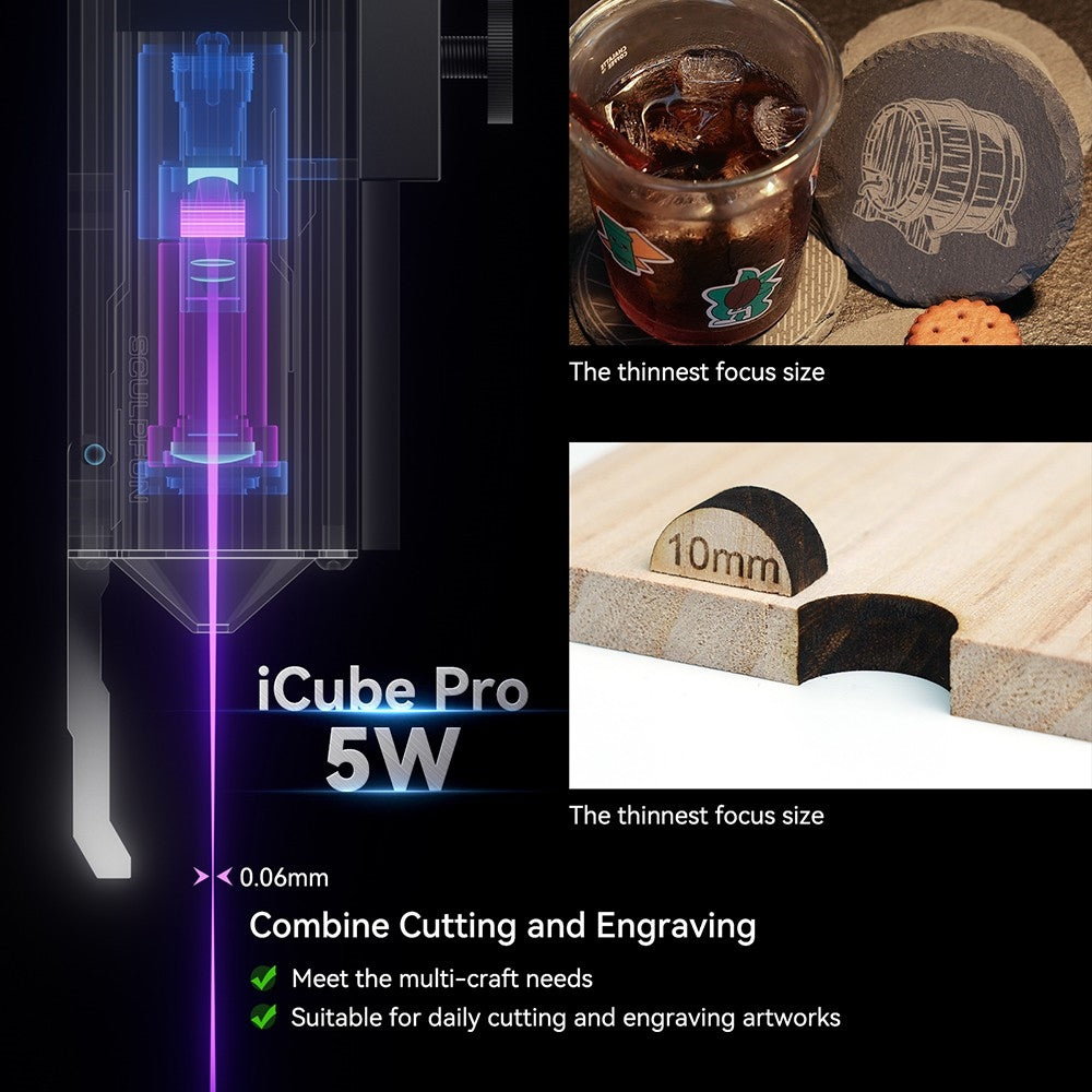 Laserový gravírovací stroj SCULPFUN iCube Pro 5W, laserový bod 0,06 mm, rychlost gravírování 10 000 mm/min, 32bitová základní deska, vyměnitelná čočka, kouřový filtr, teplotní alarm, připojení aplikace, 130x130 mm - zástrčka EU