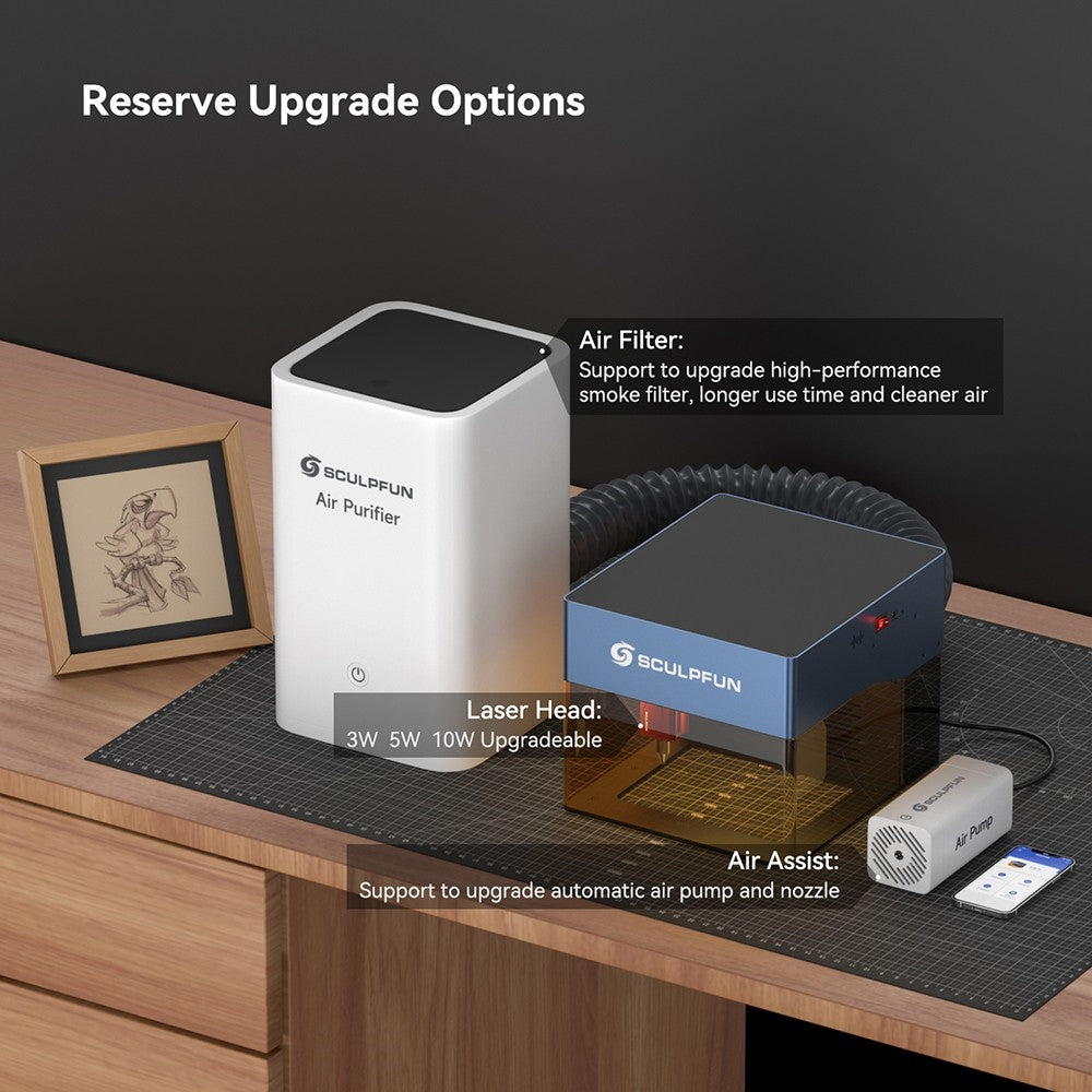 Laserový gravírovací stroj SCULPFUN iCube Pro 5W, laserový bod 0,06 mm, rychlost gravírování 10 000 mm/min, 32bitová základní deska, vyměnitelná čočka, kouřový filtr, teplotní alarm, připojení aplikace, 130x130 mm - zástrčka EU